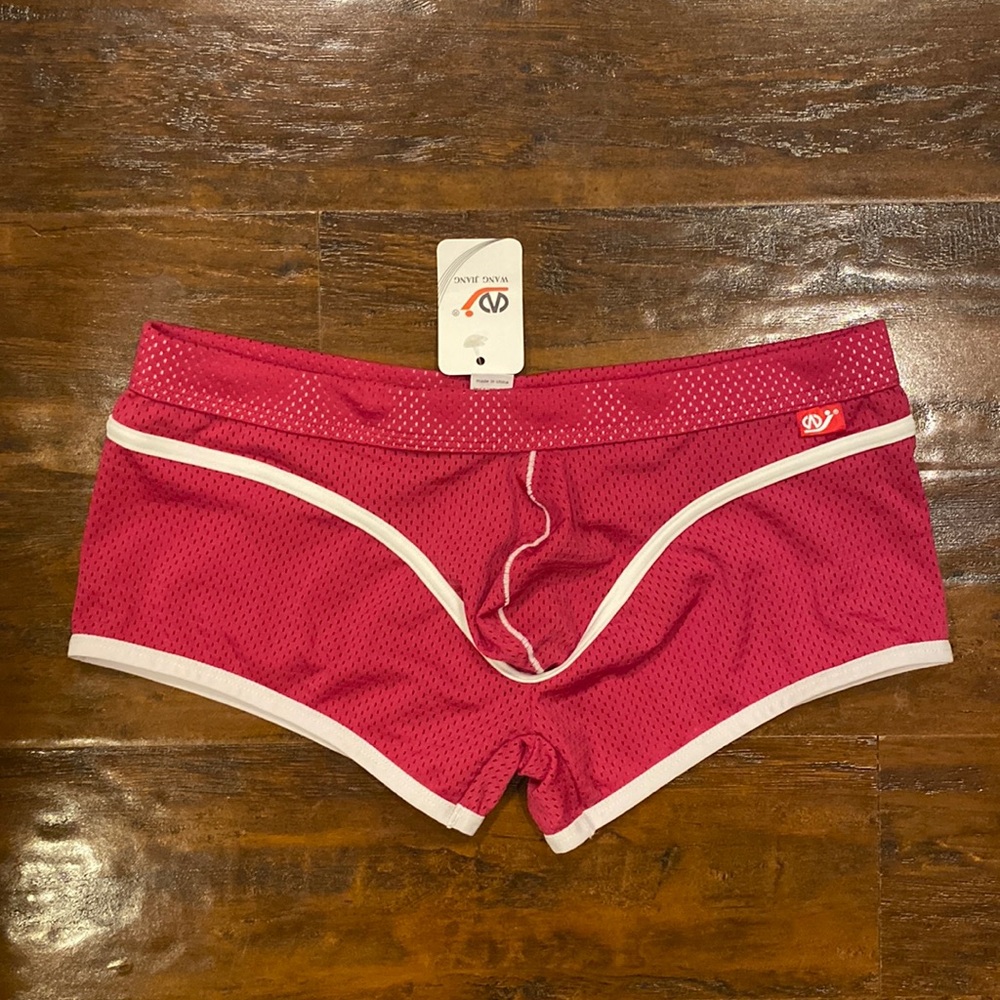 NWT Wang Jiang Men’s Heavy Mesh Briefs Pink & White Size Large